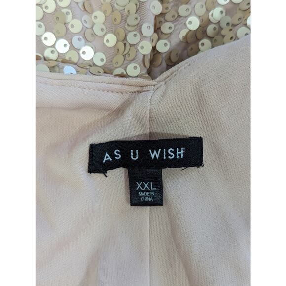 AS U WISH! SHIMMERY BEIGE/TAN STRETCH KNIT SEQUINNED PEEP SHOULDER DRESS! SZ XXL - Picture 5 of 10